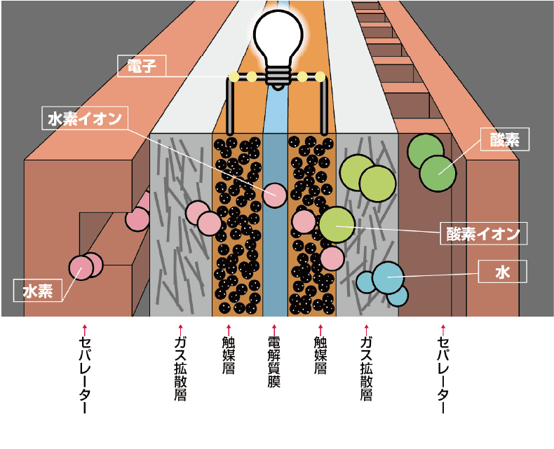 固体高分子形燃料電池 (PEFC)の構造イラスト